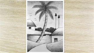 Beautiful Village Scenery Drawing with Pencil, Easy Pencil Drawing