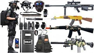 Special police weapon unboxing video, M416 gun,barrett,AK47,unboxing toy video, gas mask,axe, pistol