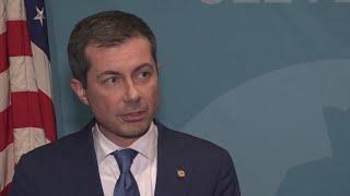 Outgoing US Transportation Secretary Pete Buttigieg speaks at City Club of Cleveland event