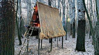 2 days BUSHCRAFT SHELTER BUILDING | Solo camping in raised CABIN overnight |  Bushcraft girl hacks