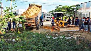 First Starting A New Project!! Filling Land by Bulldozer Komat'Su D20P Push soil with 5ton Trucks