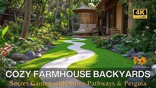 Rustic Farmhouse Backyard: Cozy Secret Garden with Stone Pathways Ideas and Pergola Seating Areas