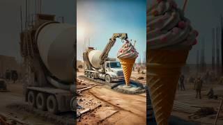 Evolution from a mixer truck pouring ice cream into a ship carrying giant fish