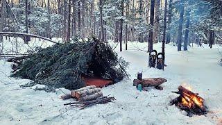 Bushcraft Shelter Winter Camping - Warm Soup - Cold Beer