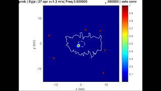 Eyjafjallajökull tremor location; 0.5-1.5 Hz, v=1.3km/s