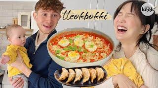 Max makes spicy Tteokbokki+dumplings in my kitchen! (ft. baby audience)