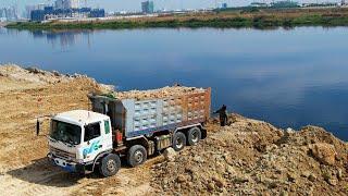 Long Section Working Along Day of Bulldozer Shantui DH17c2 Pushing Soil Big Project into Water