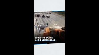 Loose tire rolling down on motorway causes nine-vehicle pile-up