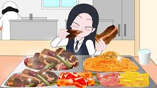 School Lunch Mukbang (Galbi-jjim, Bibimmyeon) | Animation ASMR