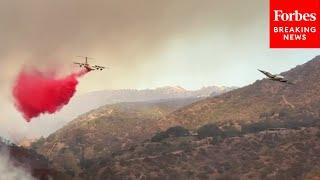 Firefighting Aircraft Conduct Water Drops As They Continue To Fight Palisades Fire