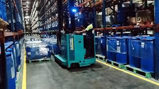 Training operator forklift Reach truck...Warehouse industrial