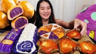 Filipino Cakes & Snacks Mukbang! Goldilocks Ube Hopia, Kakanin, Bibingka & red Ribbon Ube Roll ASMR