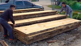 Process of making a pine table. furniture factory in south Korea