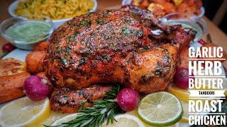 ROASTED WHOLE GARLIC HERB BUTTER TANDOORI CHICKEN, MINT SAUCE & SPICY INDIAN YELLOW RICE