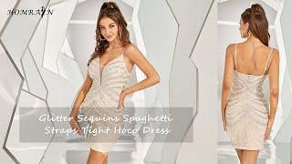 Glitter Sequin Spaghetti Straps Tight Hoco Dress| Homrain Hoco