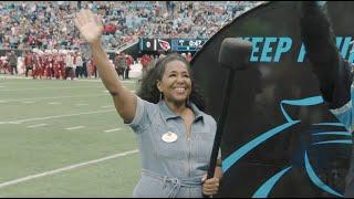 Melanie Mills hits drum for Keep Pounding Game