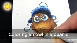 Coloring an owl in a beanie