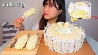 MUKBANG 화이트 초콜렛 생크림 케이크 디저트 먹방 WHITE CHOCOLATE WHIPPED CREAM CAKE Dessert asmr real sound 生クリーム·ケーキ