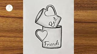 Friendship day drawing step by step || Best Friend drawing on Cup ||  Heart shape Cup Drawing