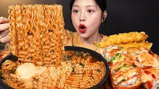 Spicy Ramyeon with California Rolls and Cheese Rolls Mukbang ASMR
