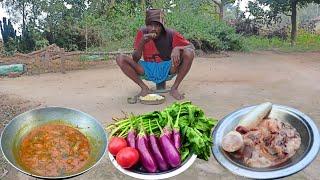 tribe poor father delicious cooking FISH OIL with EGGPLANT PALAK SHAK recipe || rural cooking