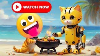 TechCat Delight: Adorable AI Robot Cats Bring Joy and Laughter in Beach BBQ Bash!  #iamadamchannel