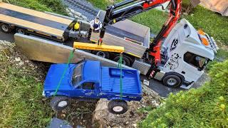 Car rescue in the river, RC Truck Scania Magom FASSI Crane. 1/16 Bruder R560 Next Gen