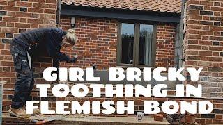 Girl bricklayer does toothing in and flemish bond