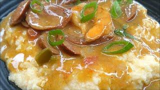 EASY SMOTHERED SHRIMP AND ANDOUILLE SAUSAGE WITH CAJUN CHEESY GRITS NOW THERE'S LOVE IN COMFORT!!