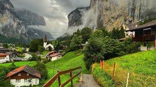 Lauterbrunnen, Switzerland - Rainy walk in the most beautiful Swiss village - Fairytale village