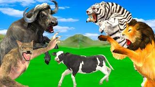 Black Lion Fight White Tiger Vs Lion King Attack Cow Cartoon Buffalo Elephant Save By Woolly Mammoth