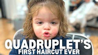 QUADRUPLET'S FIRST HAIRCUT EVER AT TWO YEARS OLD (SIBLINGS REACT!)