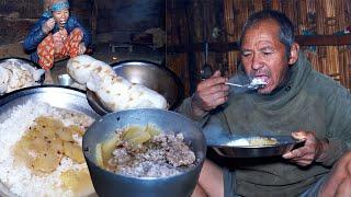 jungle man cooks chayote roots curry and rice foe his wife in his shed || family of jungle man ||