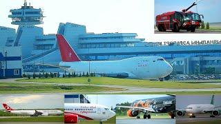 Spotting at Airport Minsk in summer. Takeoffs and landings of planes, fire truck in action and more.