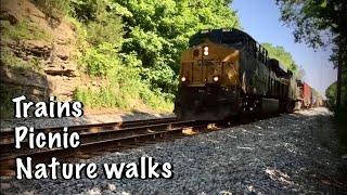 ASMR Nature walk (No talking) walking in gravel/ moving trains/running water in creek/picnic