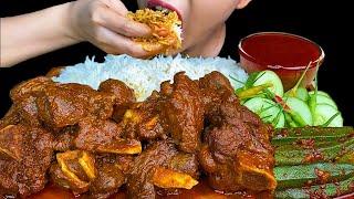 MUKBANG EATING||SPICY MUTTON CURRY, GREEN CHILLI, ONIONS & WHITE RICE