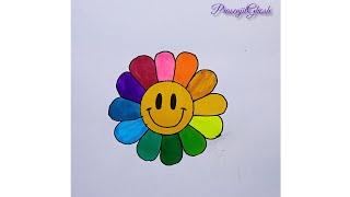 How to draw a Rainbow Flower Drawing inside smiley face easy for beginners step by step #Shorts