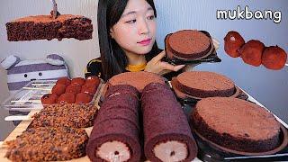 MUKBANG 쇼콜라 브라우니와 쫀득 초코롤케익 디저트 먹방 CHOCOLATE BROWNIE ROLL CAKE Dessert asmr チョコ·ブラウニー