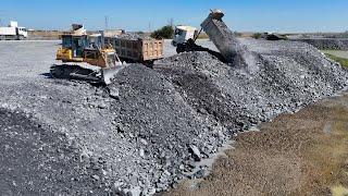 Nice Project!! Filling Stone Into Deeply Lake, Technique Bulldozer Push Stone and Truck Unload Stone