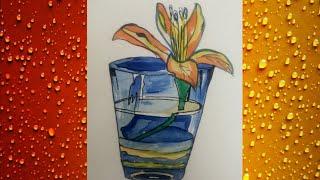 Glass Drawing with flower tutorial//Sketch glass realistic glass//glass drawing with water colour