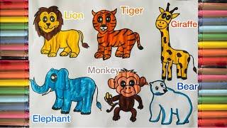 Wild Animals Drawing | How to Draw Animals| 6 Types of Animals | Easy Drawing For Kids/Beginners