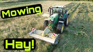 Mowing Hay, with John Deere 6215R & Claas Disco Mowers!