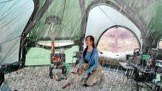 INTERESTING SPACE STATION SHAPED INFLATABLE TENT CAMPING WITH WOODSTOVE IN THE RAIN