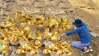 finding of natural gold, crystals, diamond and gemstones on the hillside of mountain