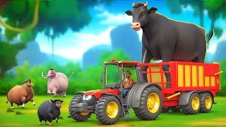 Giant Black Cow Transported in Giant Tractor | Epic Fat Farm Animals Rescue Adventure