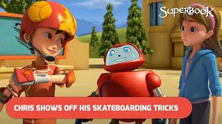 Chris Shows Off His Skateboarding Tricks | Clip from Roar! | Superbook S01 E07