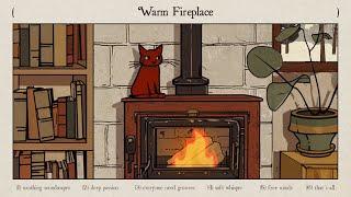 lucky red cat on the warm fireplace  jazz music with crackling sound