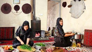 Iran Village Life Cooking a Traditional Dish with Spinach and Lamb in Village Style