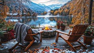 Relaxing Nature Symphony by the Lake: Calming Crackling Fire Pit and Water Sounds. Birds Singing