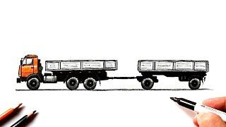 How to draw a Kamaz with a trailer